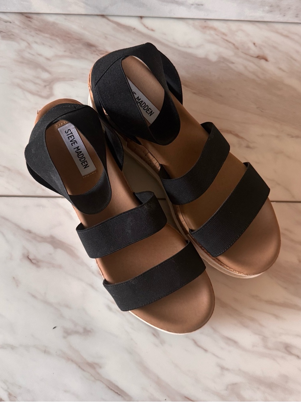 Steve Madden Beladona Black Platform Sandals Size 9 Cork Wedge Stretch Straps